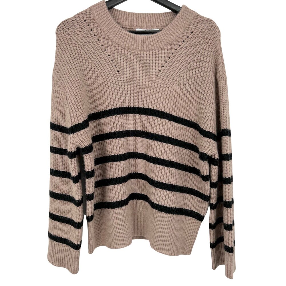 Casual Sweater M Magaschoni Size Small Crew Neck Black Taupe Striped Pull Over